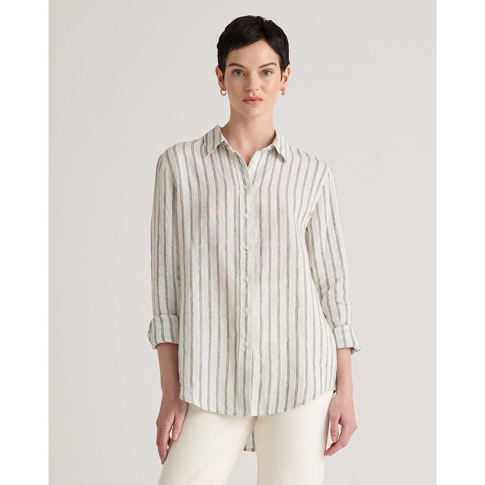 QUINCE European Linen Shirt Oatmeal White Black Stripe Button Down Large Large